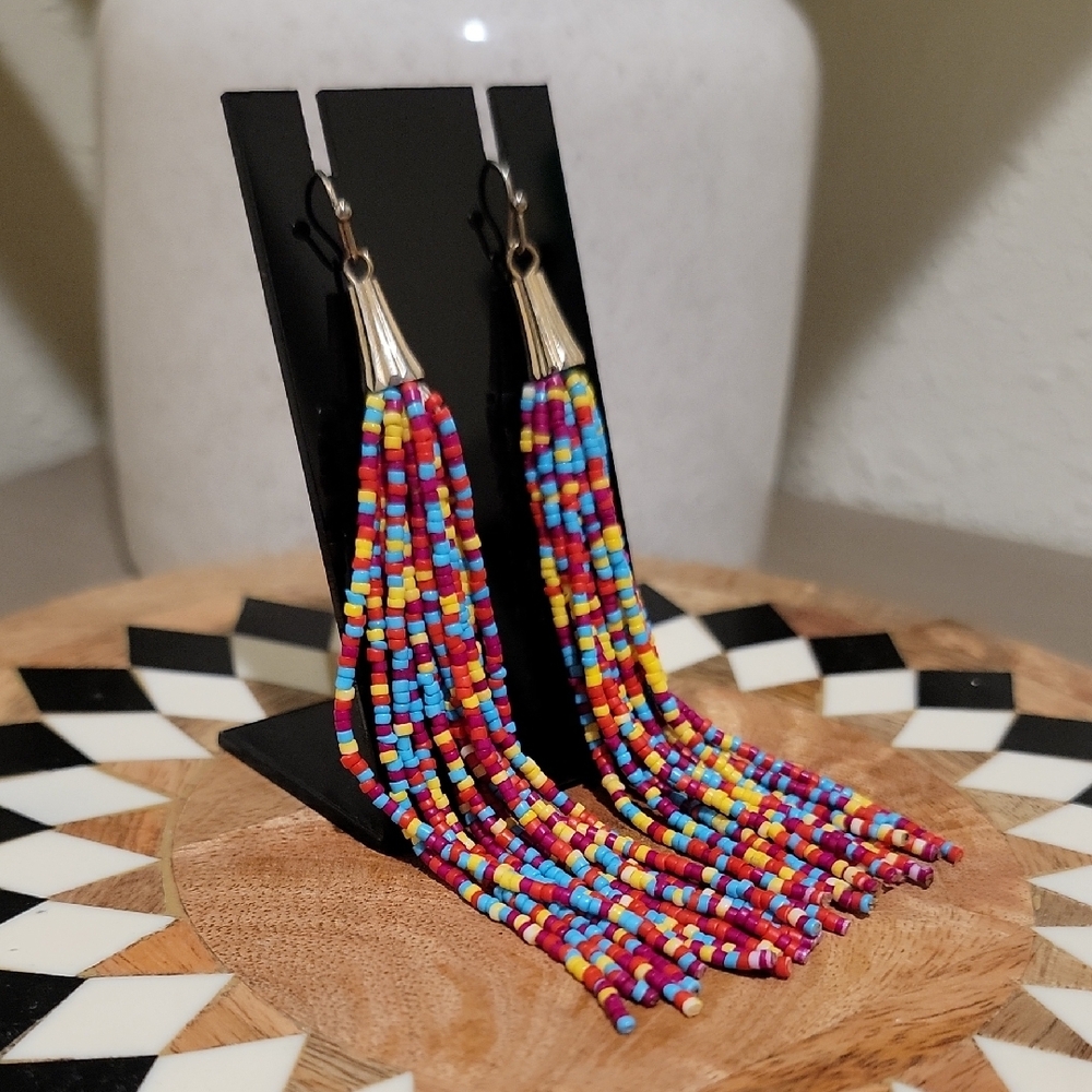 Vibrant Multicolor Beaded Tassel Earrings - Picture 2 of 4
